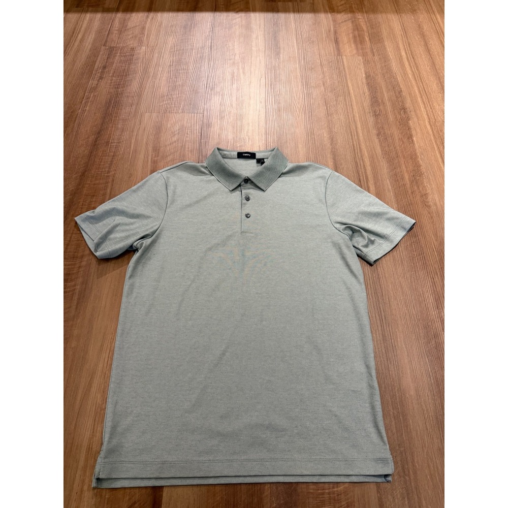 Theory Button Polo Atlas Pique 2 Mens L Sage Green Short Sleeve Cotton Blend